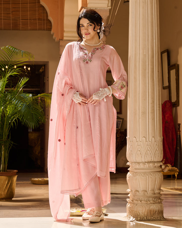 Reni Pink Embroidered Chanderi Suit Set