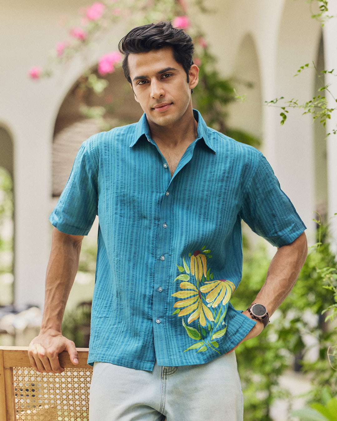 Mohan Teal Cotton Dobby Handpainted Shirt