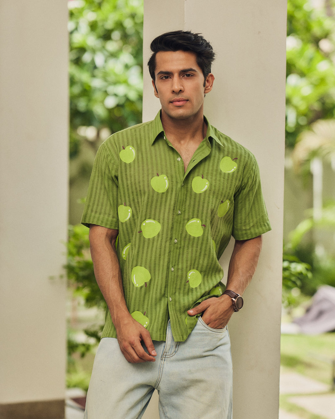 Vihaan Green Cotton Dobby Handpainted Shirt