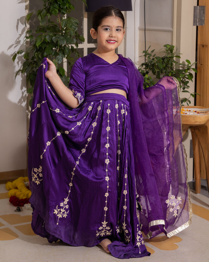 Chiku Purple Solid Satin Lehenga Set