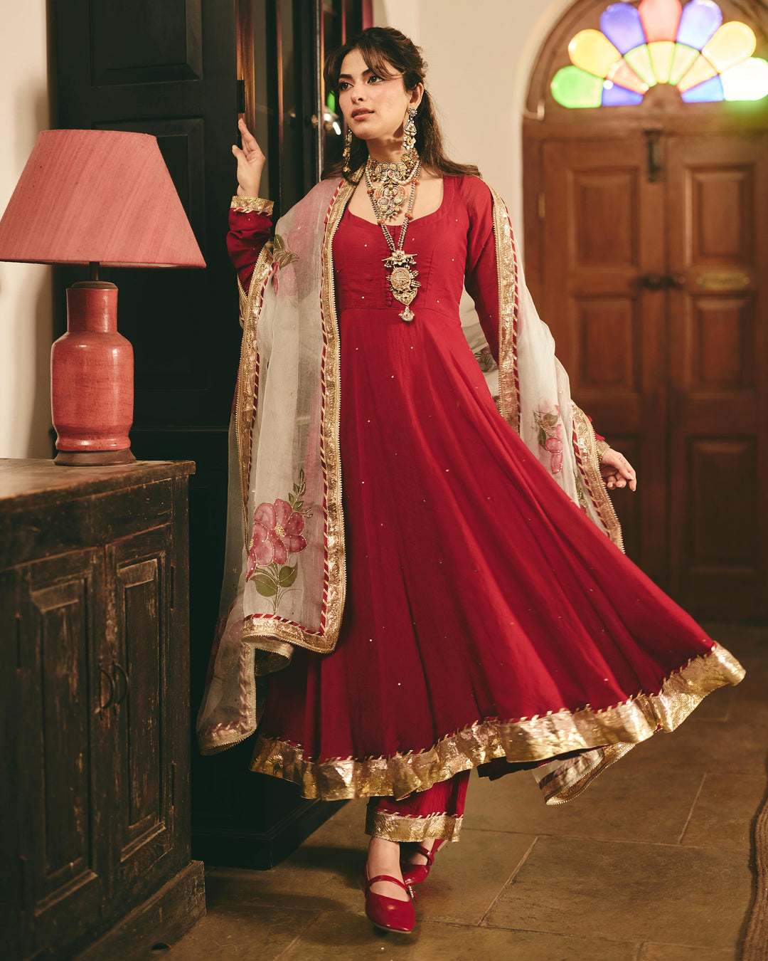 Chitrangi Maroon Handpainted Cotton Checks Suit Set