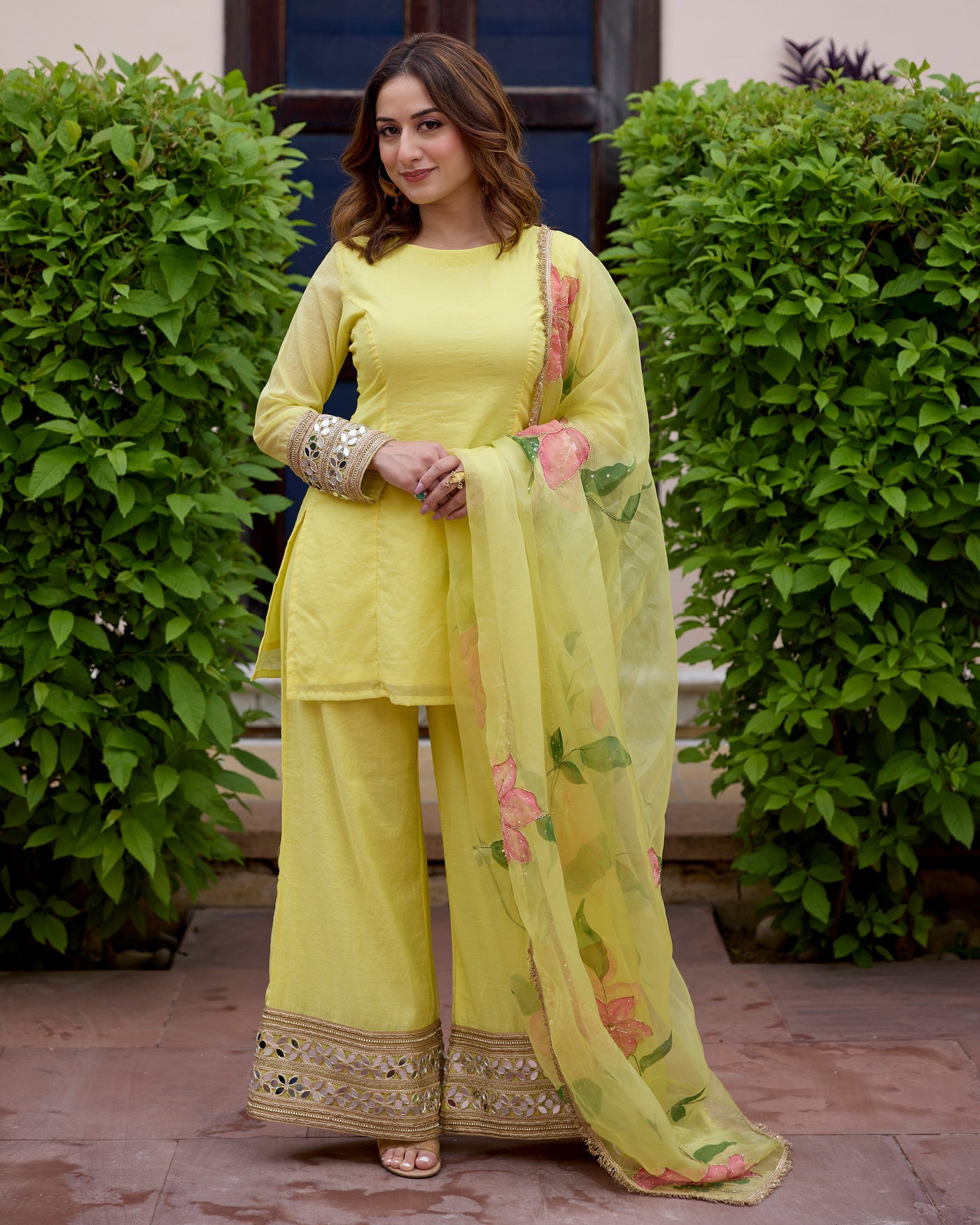 Jaswanti Yellow Handpainted Chanderi Suit Set 