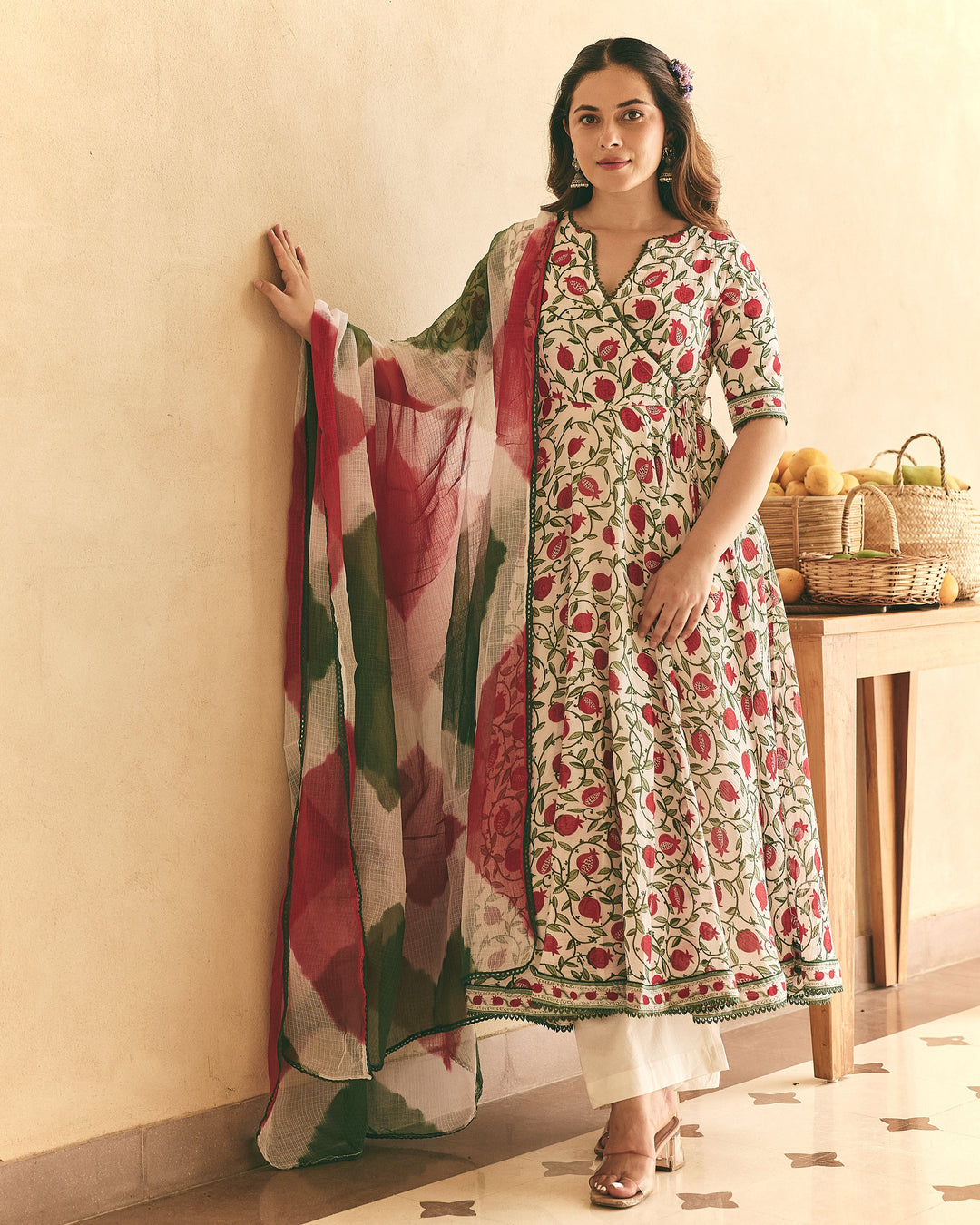 Yulia White Cotton Crush Printed Suit Set