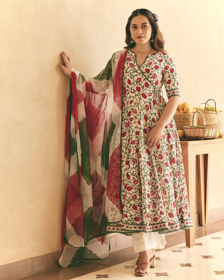 Yulia White Cotton Crush Printed Suit Set