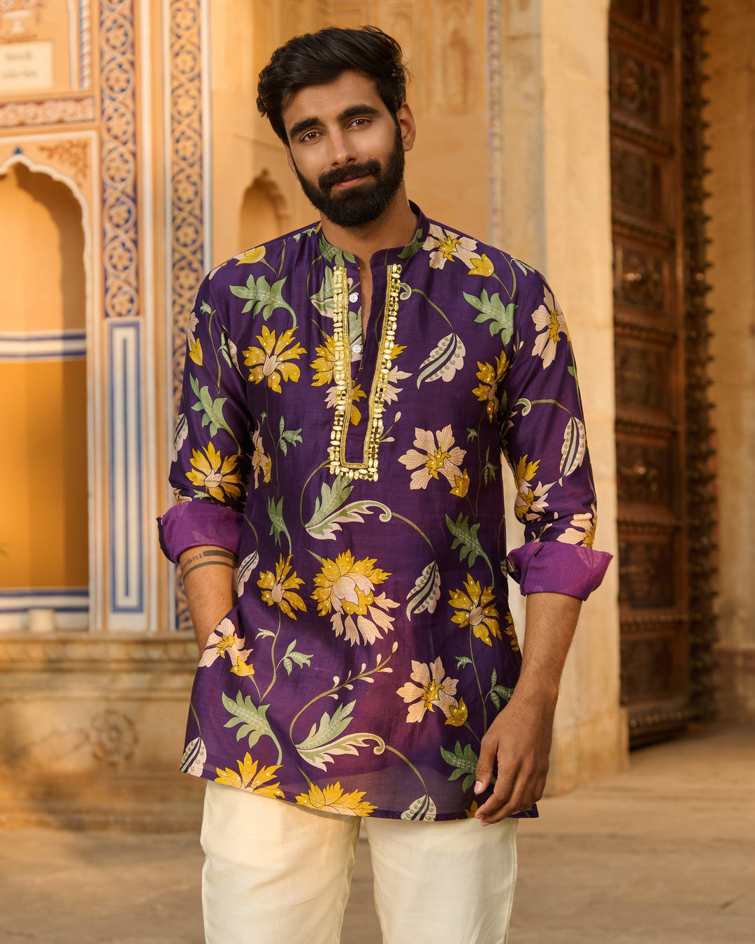 Yuvraj Purple Printed Chanderi Kurta