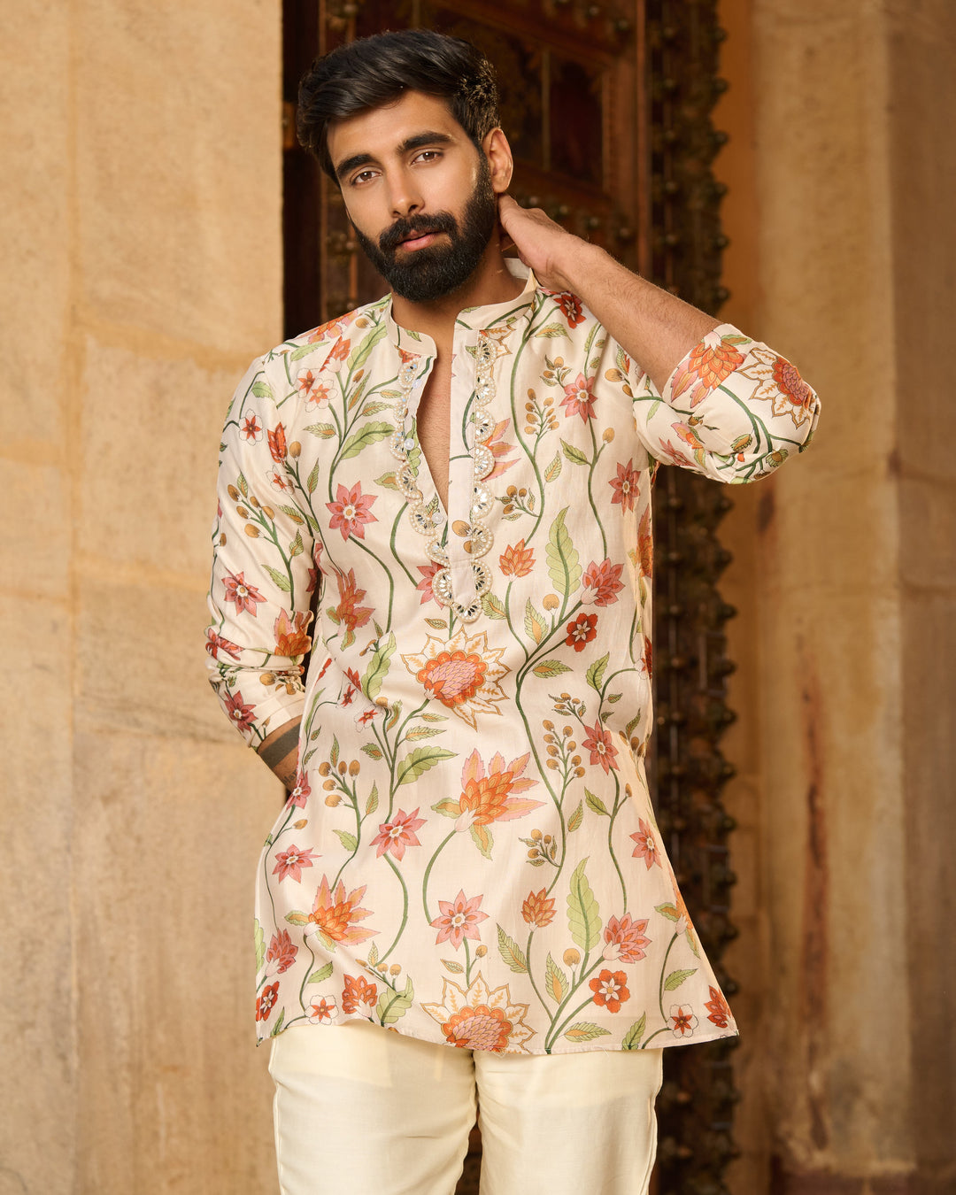 Atharv Ivory Printed Chanderi Kurta