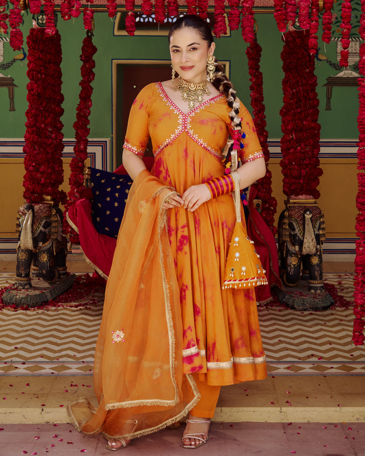Sapna Orange Pink Tie Dye Muslin Suit Set