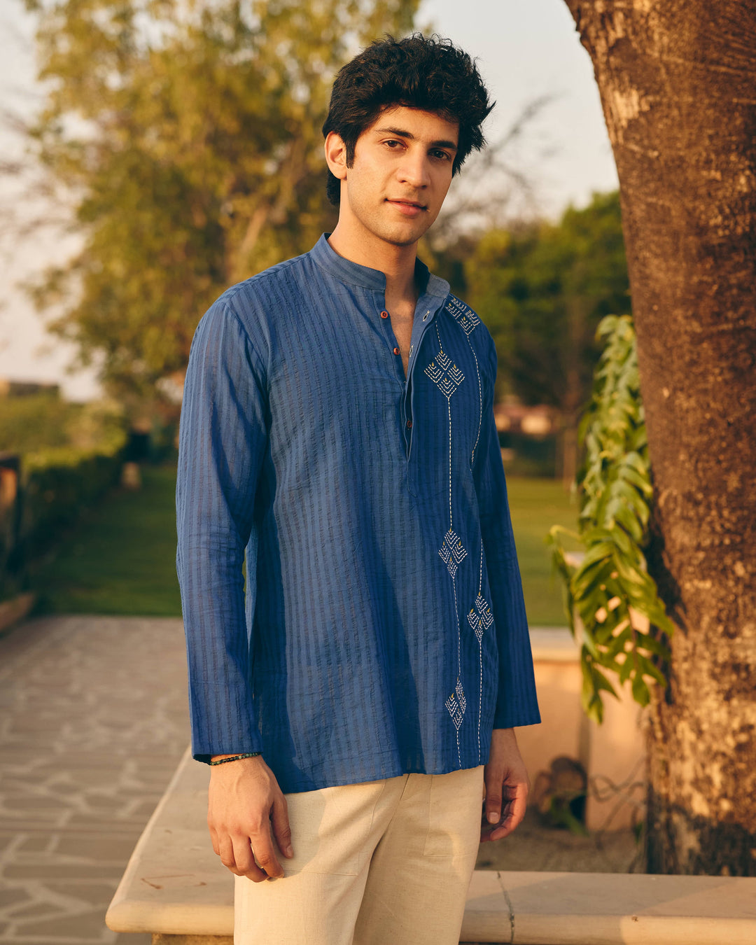 Vero Blue Cotton Dobby Embroidered Shirt