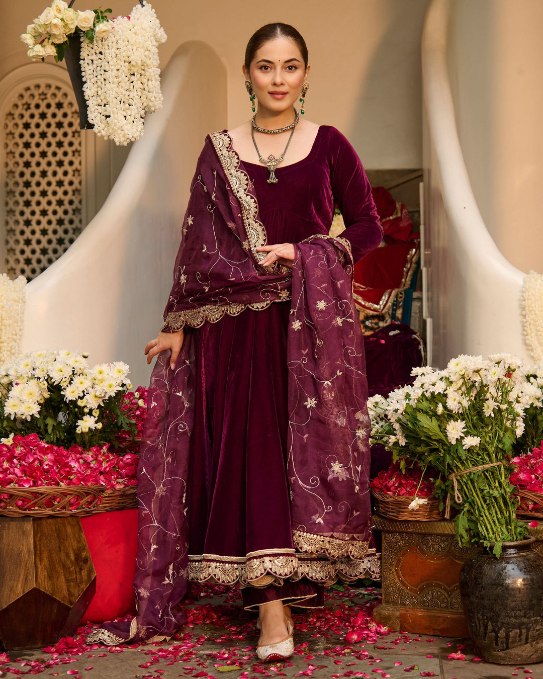Mahika Purple Solid Velvet Suit Set