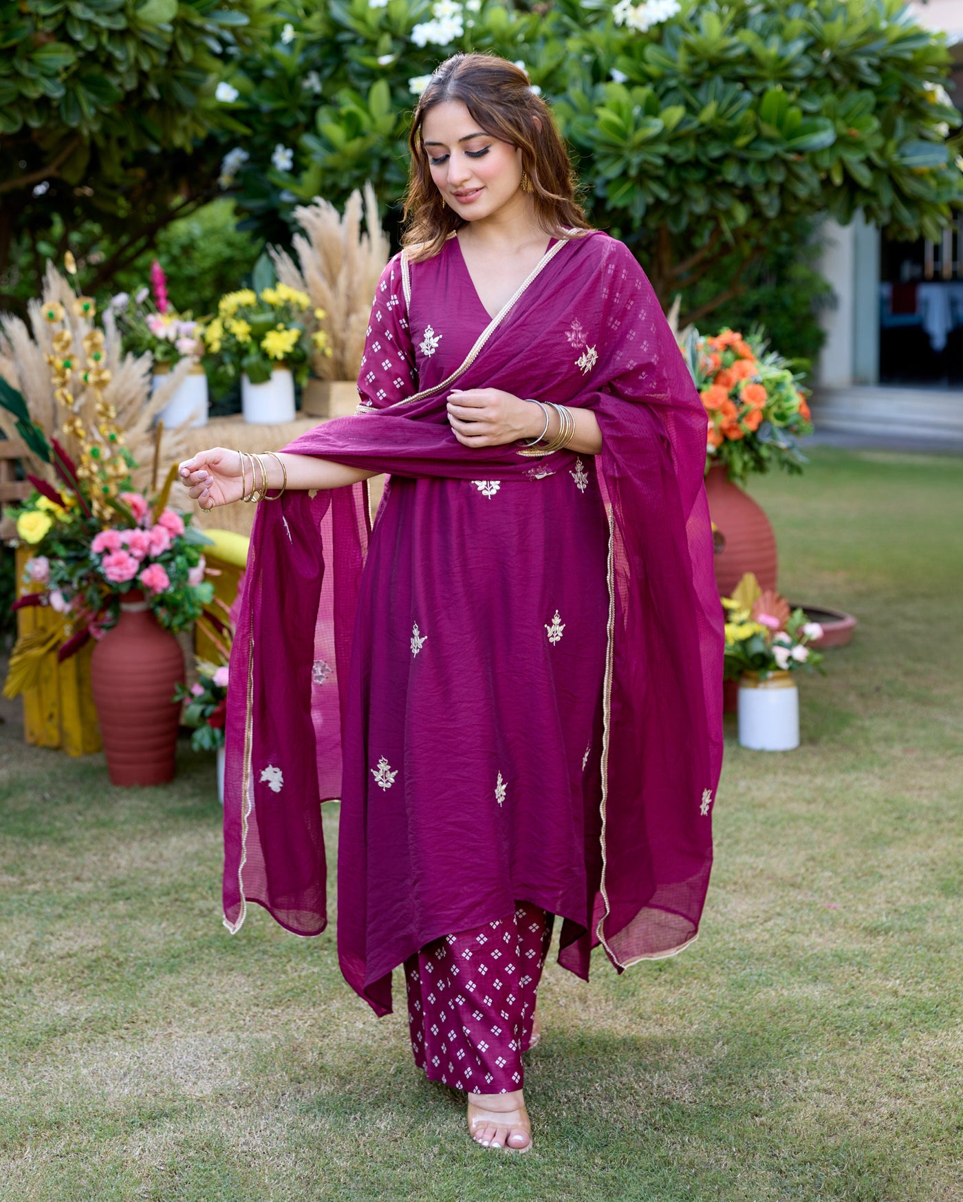 Shrishti Plum Bandhani Chanderi Suit Set