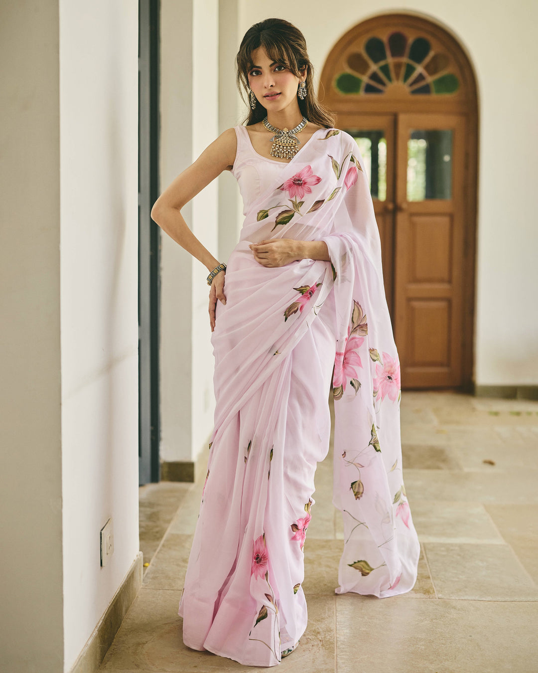 Vine Pink Handpainted Chiffon Saree