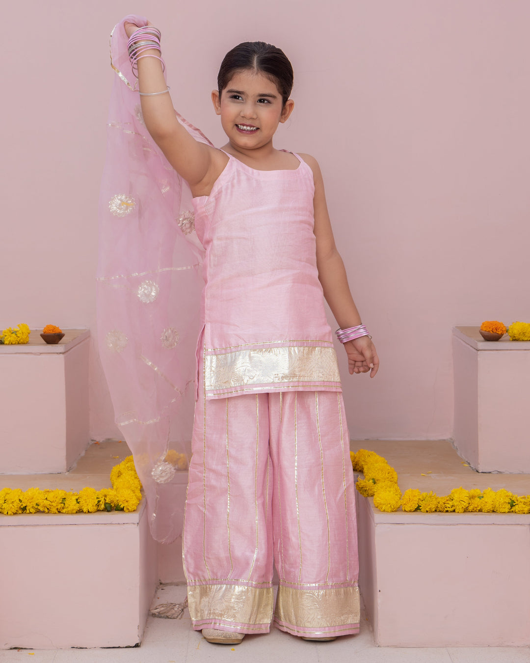 Mini Pink Solid Chanderi Suit Set