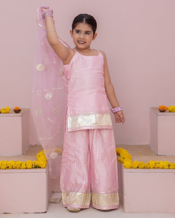 Mini Pink Solid Chanderi Suit Set