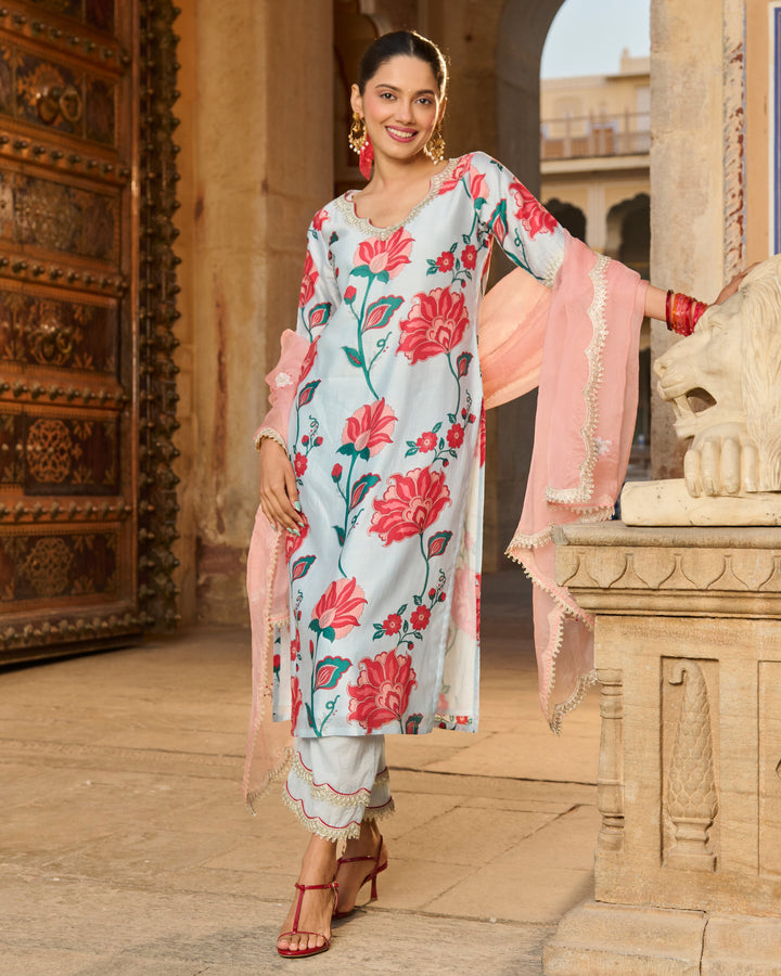 Saumya Light Blue Printed Chanderi Suit Set