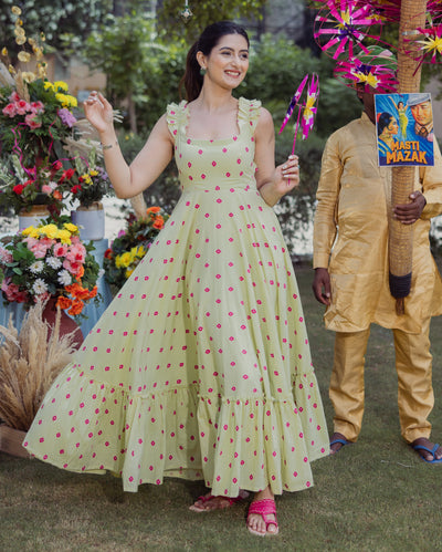 Neerja Green Bandhani Cotton Dress