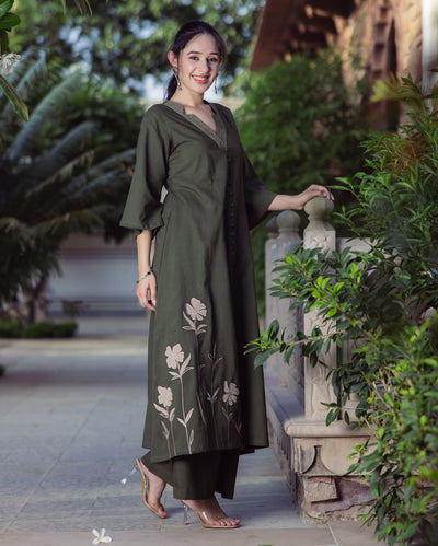 Forest Green Embroidered Cotton Kurta Set