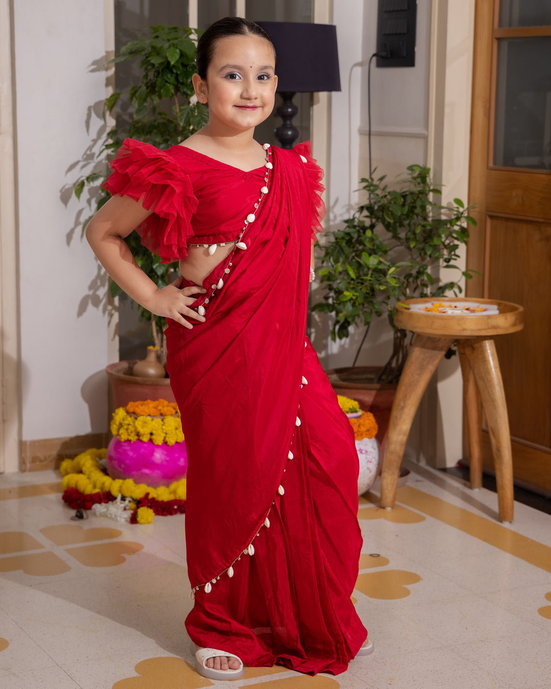 Roop Red Solid Crepe Pre Draped Saree