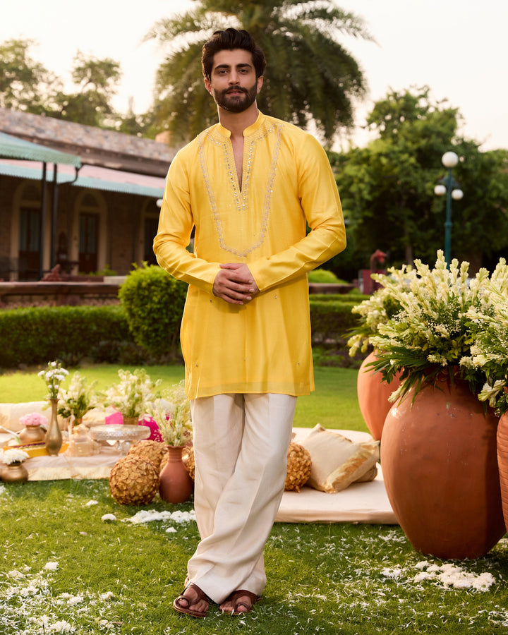 Kuber Yellow Chanderi Embroidered Kurta