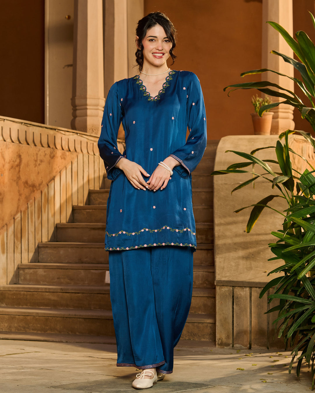 Zuri Blue Embroidered Crepe Kurta Set