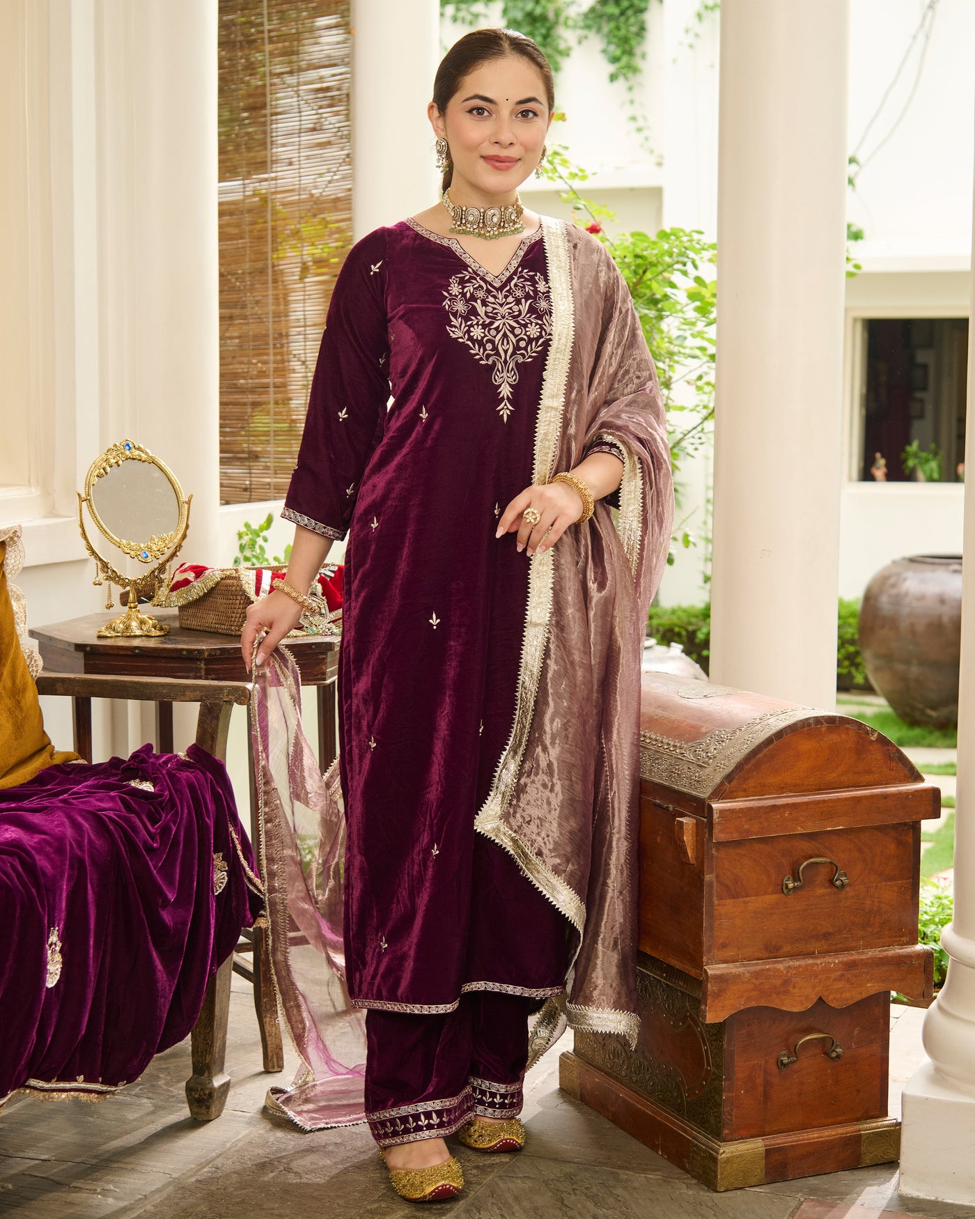 Yug Purple Embroidered Velvet Suit Set