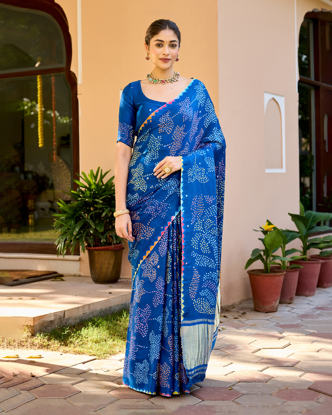 Mohini Blue Gajji Silk Bandhej Saree