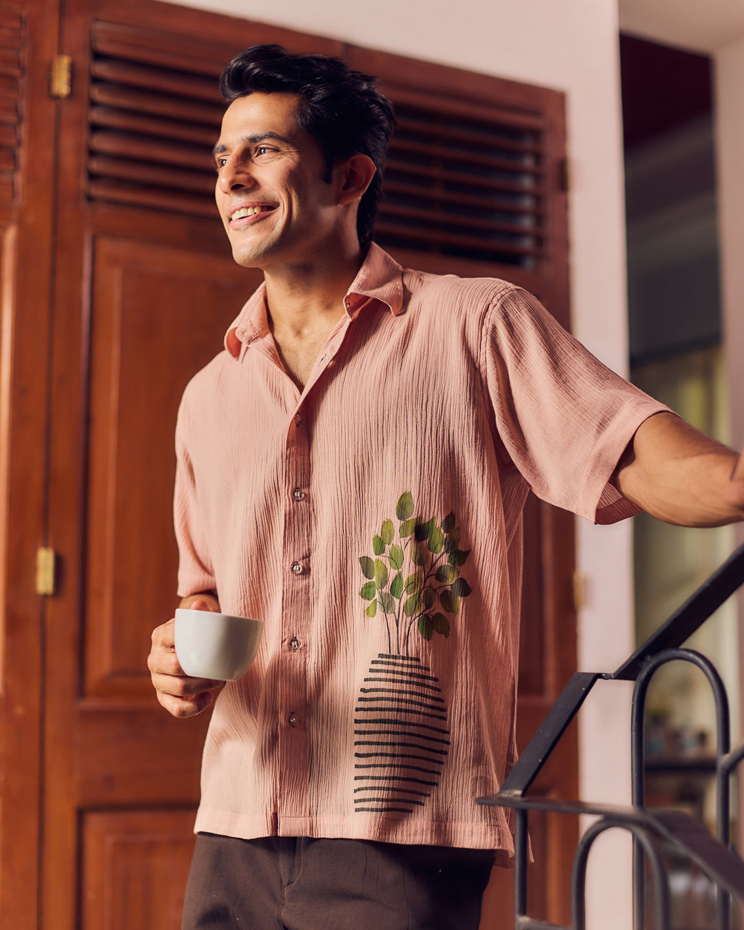 Nikhil Beige Cotton Crush Handpainted Shirt
