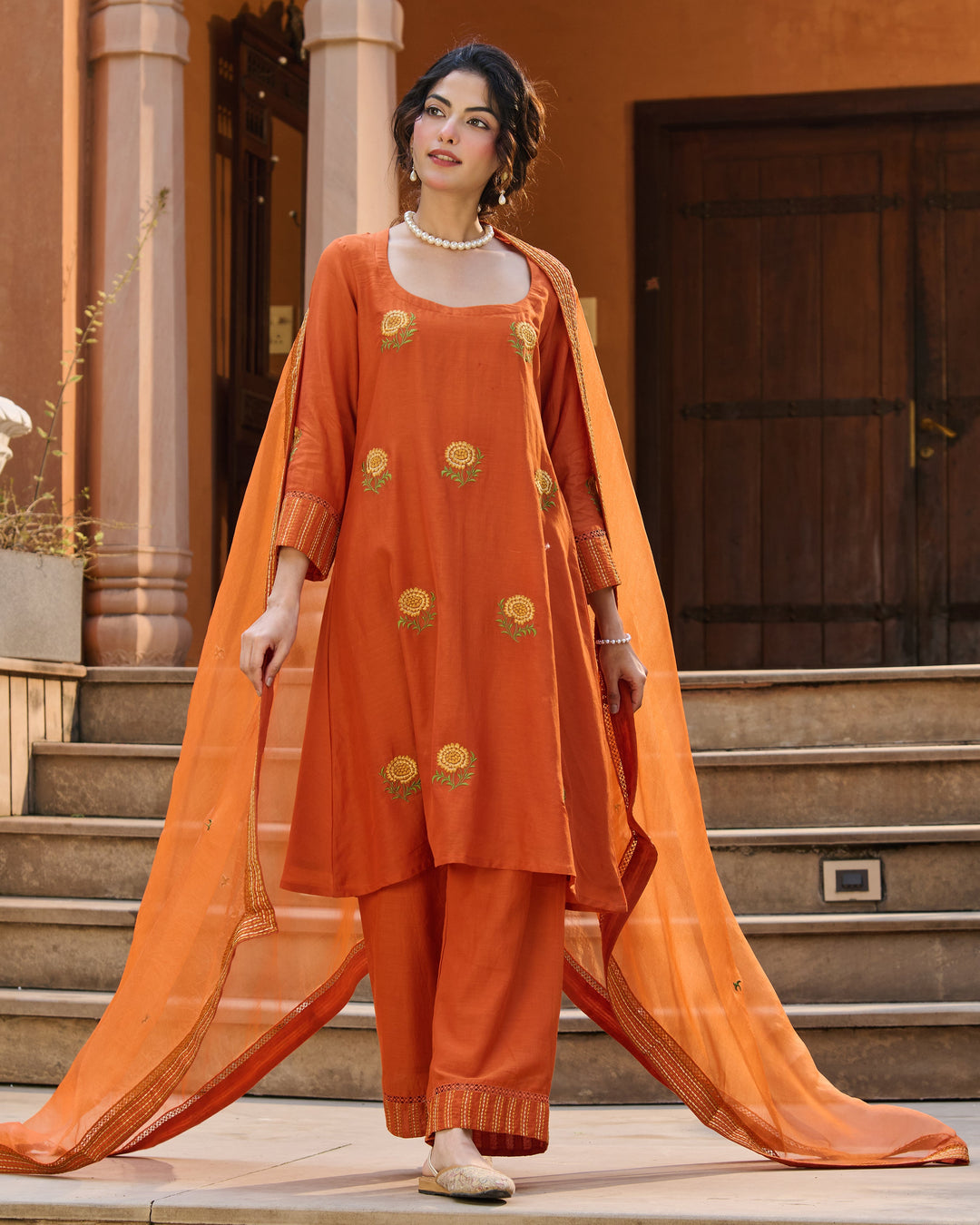 Nafees Orange Embroidered Chanderi Suit Set