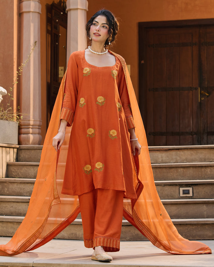 Nafees Orange Embroidered Chanderi Suit Set