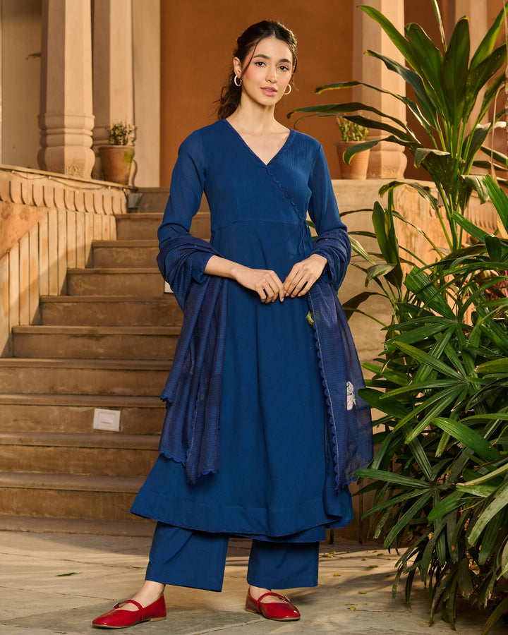 Spark Blue Embroidered Cotton Crush Suit Set