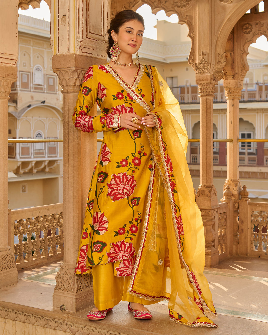Sana Mustard Printed Chanderi Suit Set