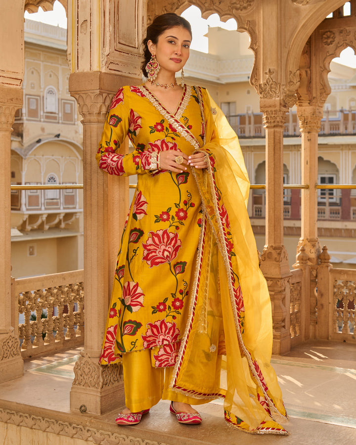 Sana Mustard Printed Chanderi Suit Set