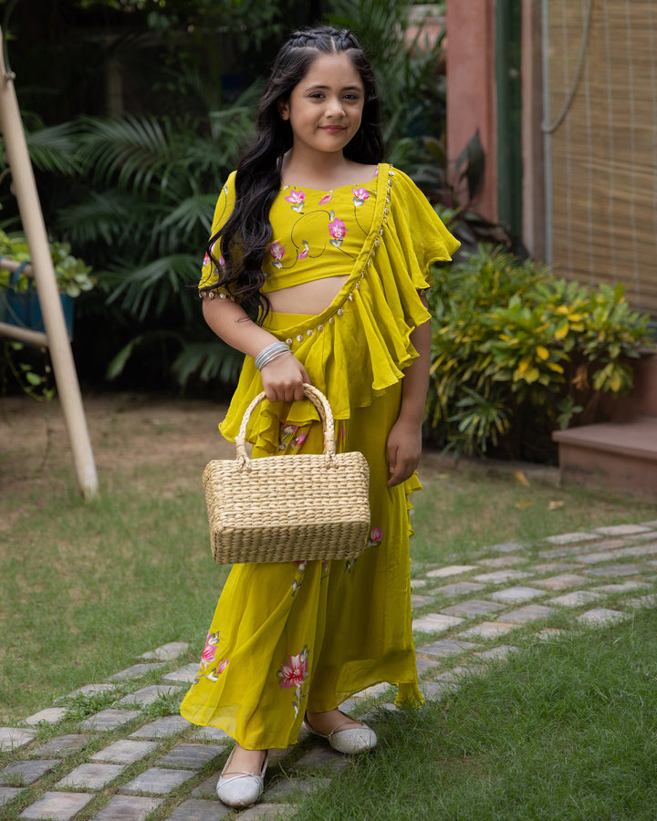 Petunia Lime Handpainted Georgette Pre Draped Saree