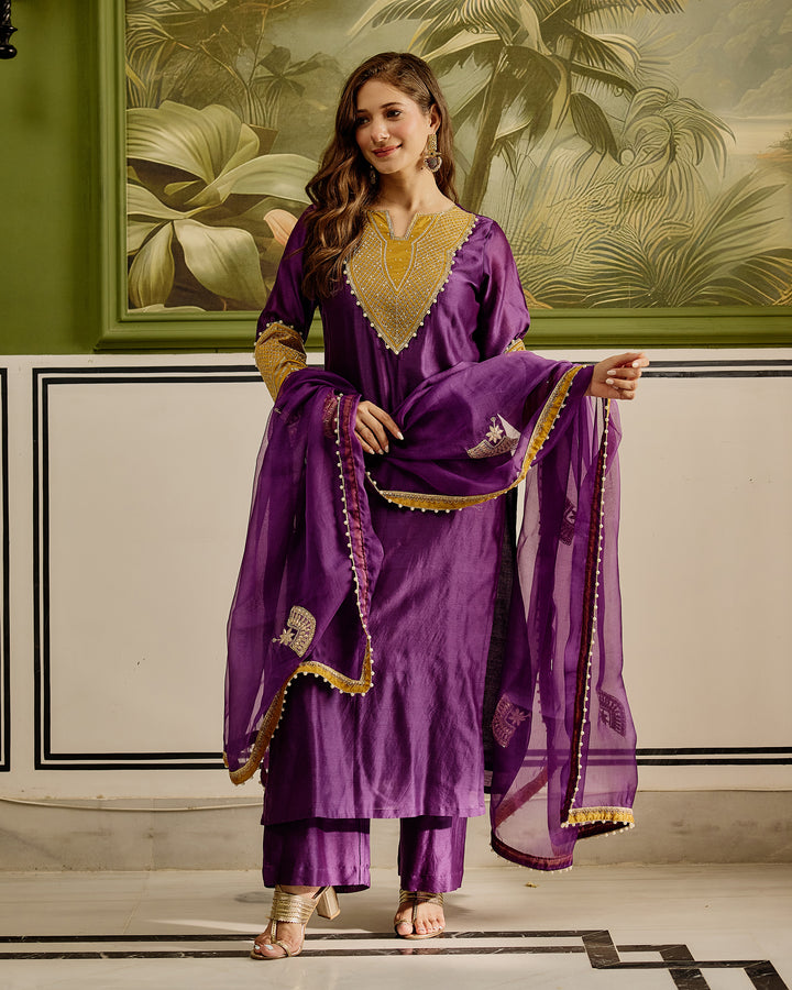 Ambika Purple Embroidered Chanderi Suit Set