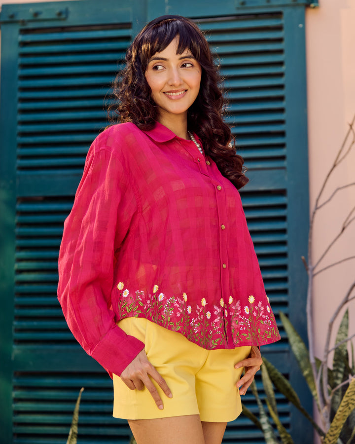 Ahana Pink Embroidered Cotton Checks Solid Shirt