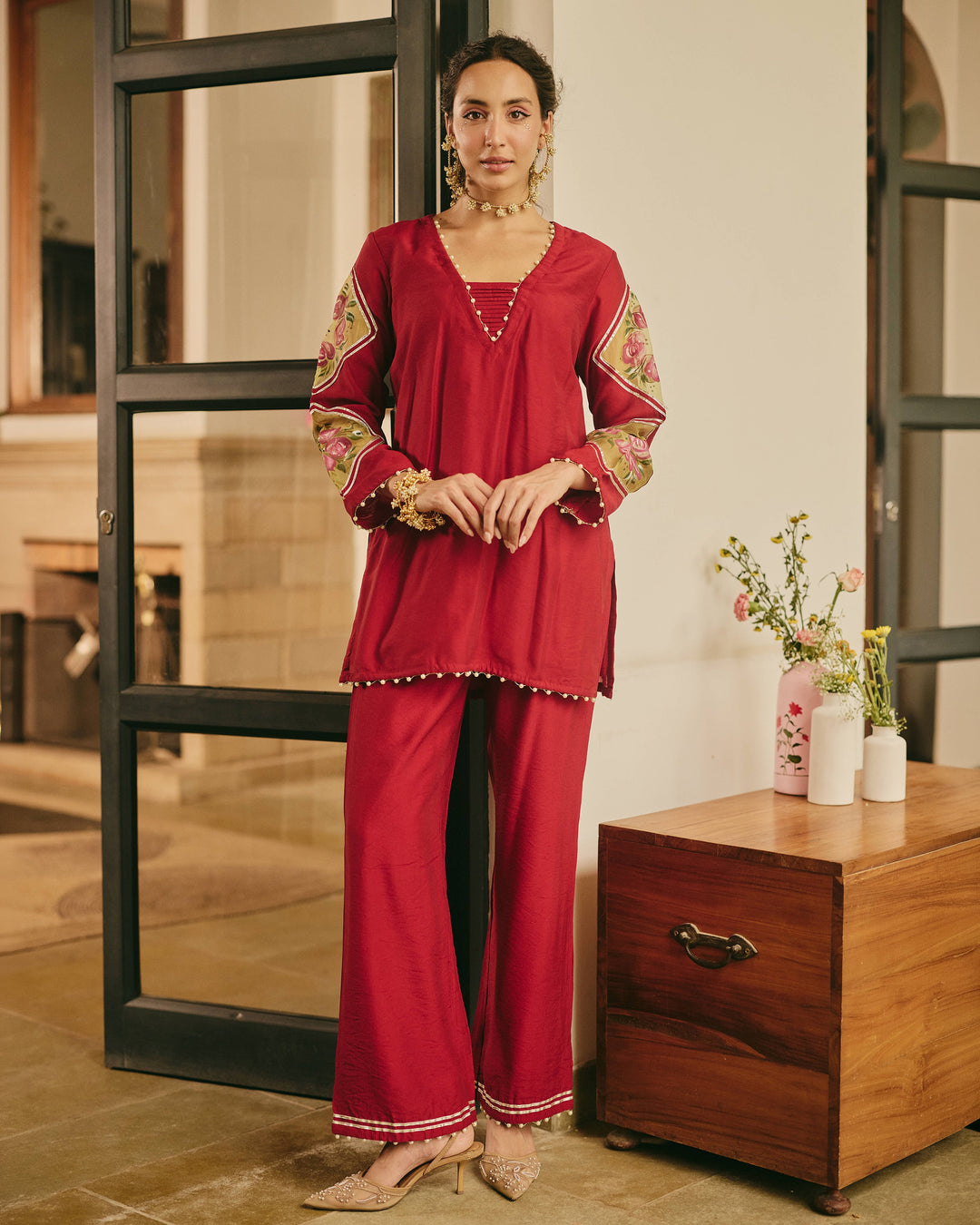 Chitrali Maroon Handpainted Chanderi Coord Set