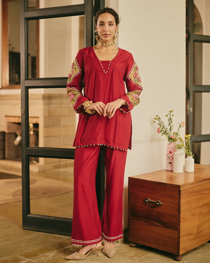 Chitrali Maroon Handpainted Chanderi Coord Set
