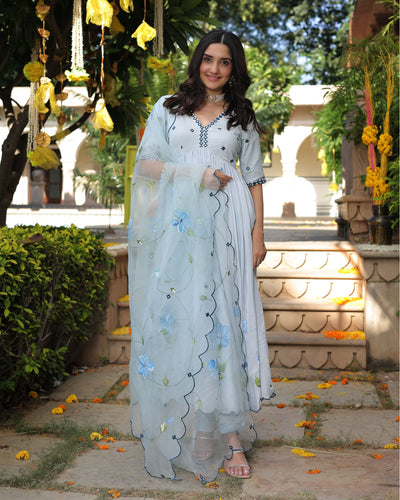 Blue Blossom Handpainted Organza Dupatta