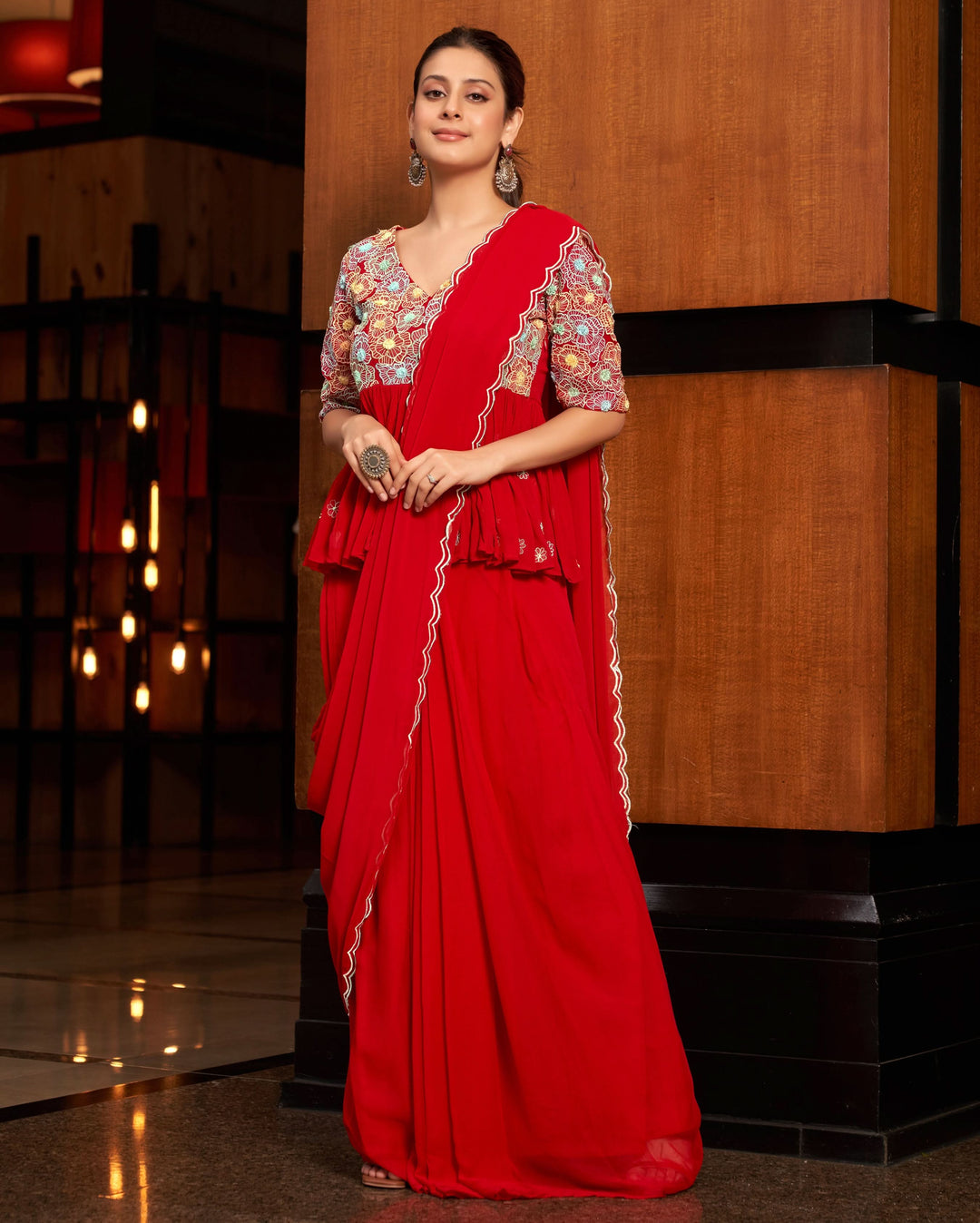 Phool Red Embroidered Georgette Pre Draped Saree