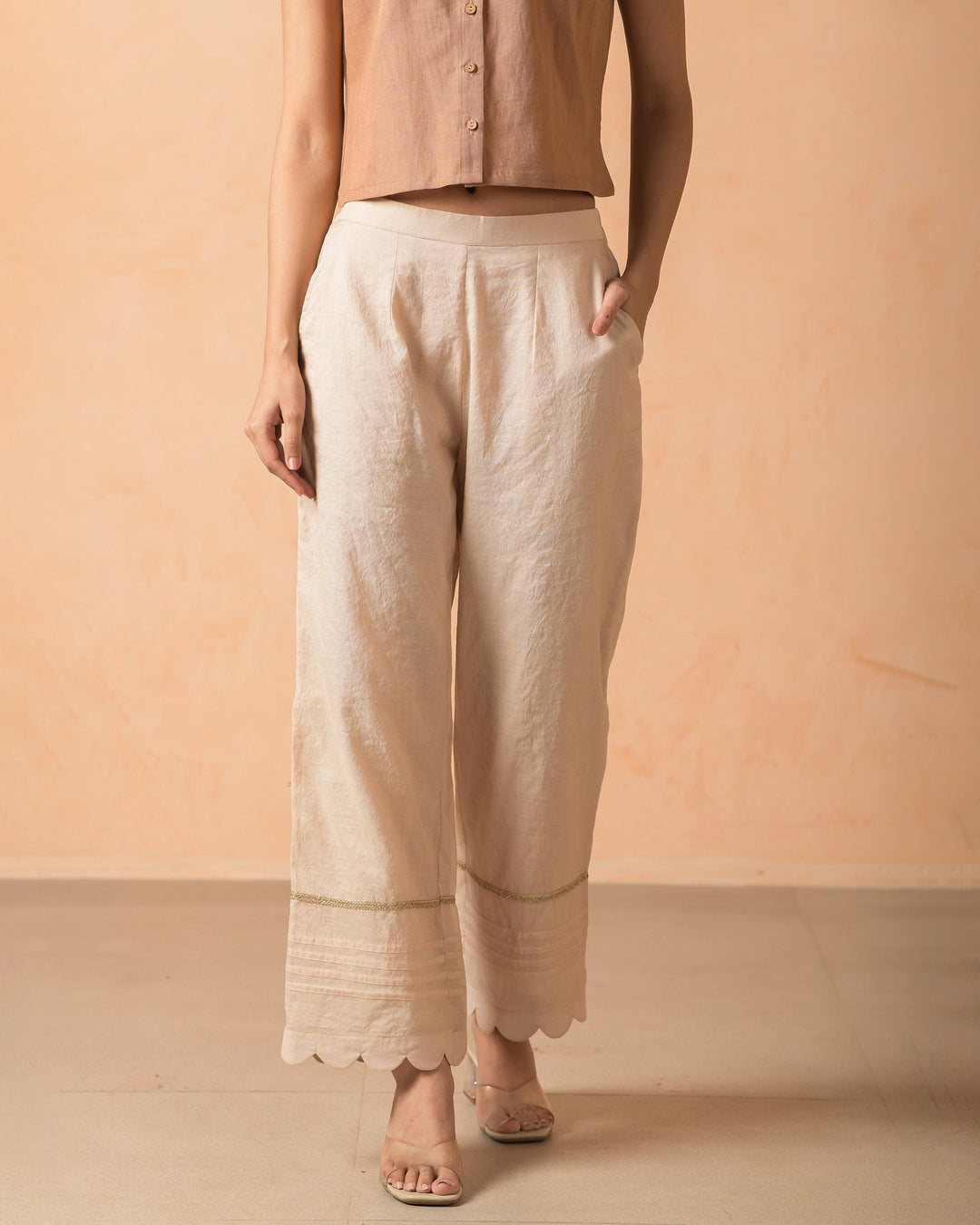 Arisya Beige Chanderi Solid Straight Pants