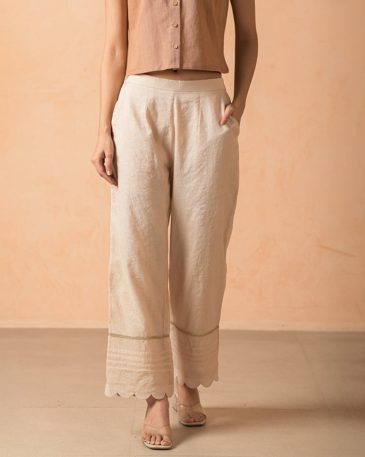 Arisya Beige Chanderi Solid Straight Pants