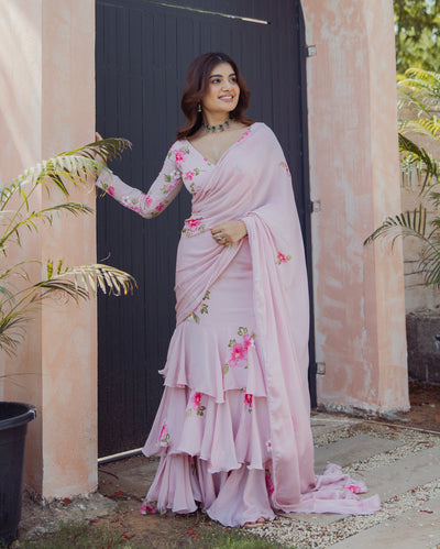 Bloom Pink Handpainted Chinon Pre draped Saree