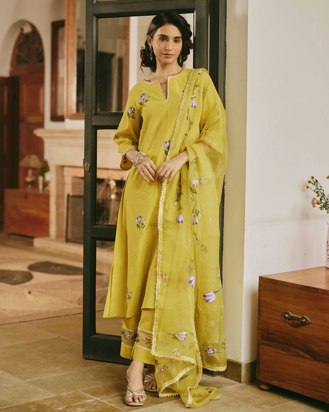 Adaa Green Handpainted Cotton Suit Set