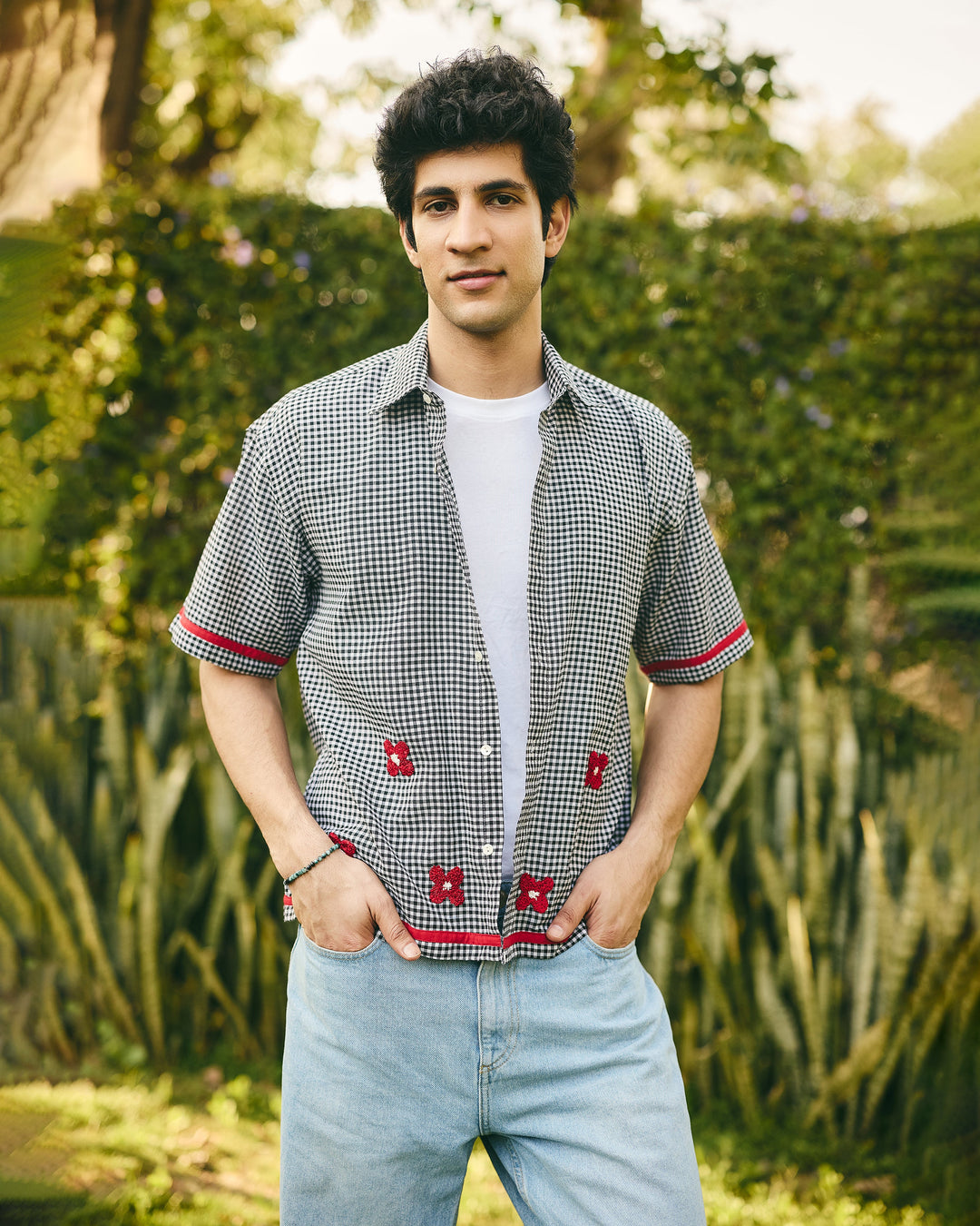 Zayd Black Embroidered Cotton Checks Printed Shirt