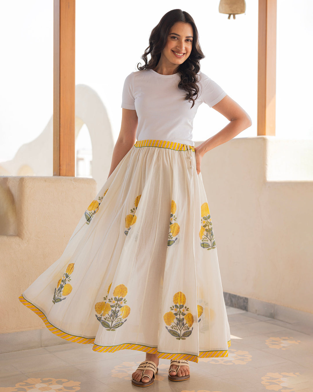 Noraya Off White Printed Cotton Skirt