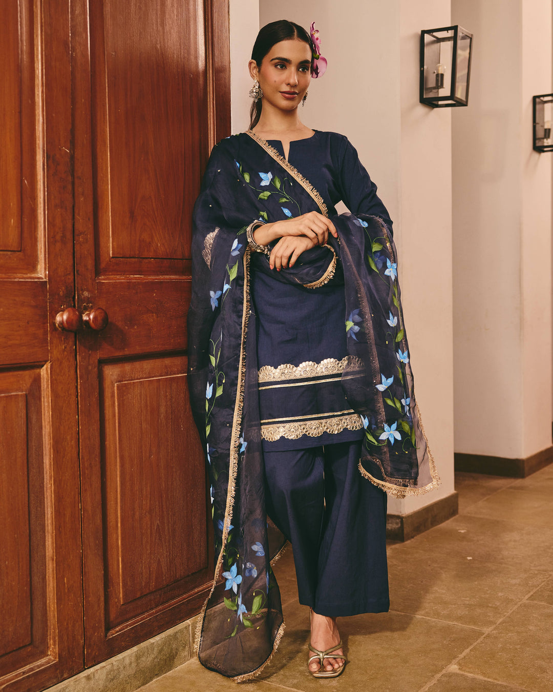 Lace Blue Handpainted Cotton Suit Set