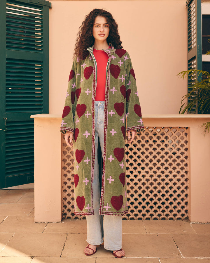 Verdant Sage Green Velvet Suzani Jacket