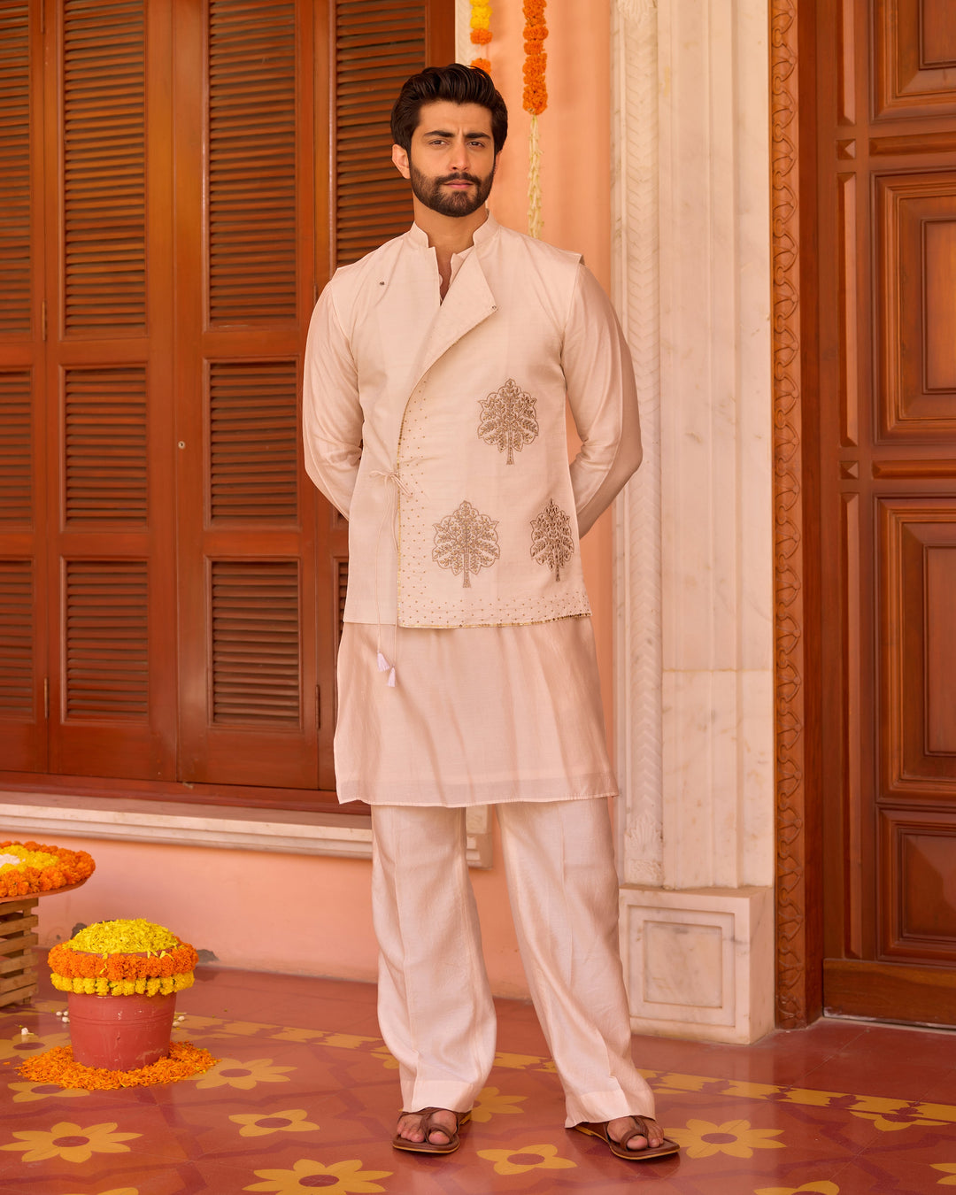 Geet Off-White Chanderi Embroidered Jacket And Kurta Set