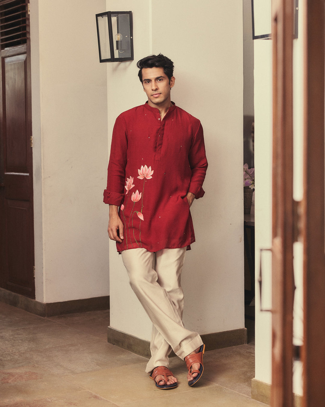 Kaevan Maroon Handpainted Tabby Checks Kurta