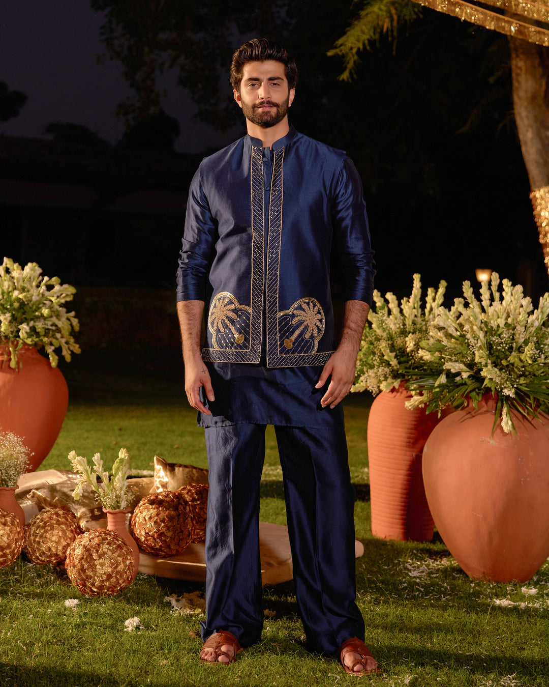Vishnu Navy Chanderi Embroidered Jacket And Kurta Set