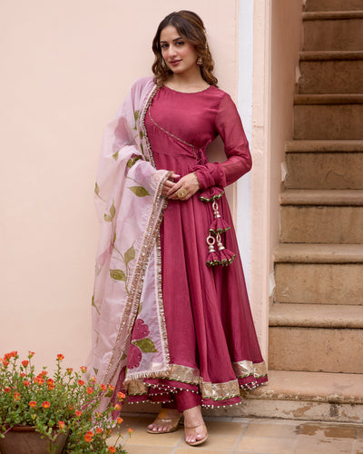 Gulmohar Wine Handpainted Chanderi Suit Set